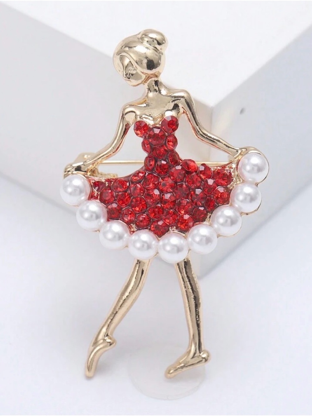 Gold Ballerina Brooch with Red Crystal Dress and Pearl Trim